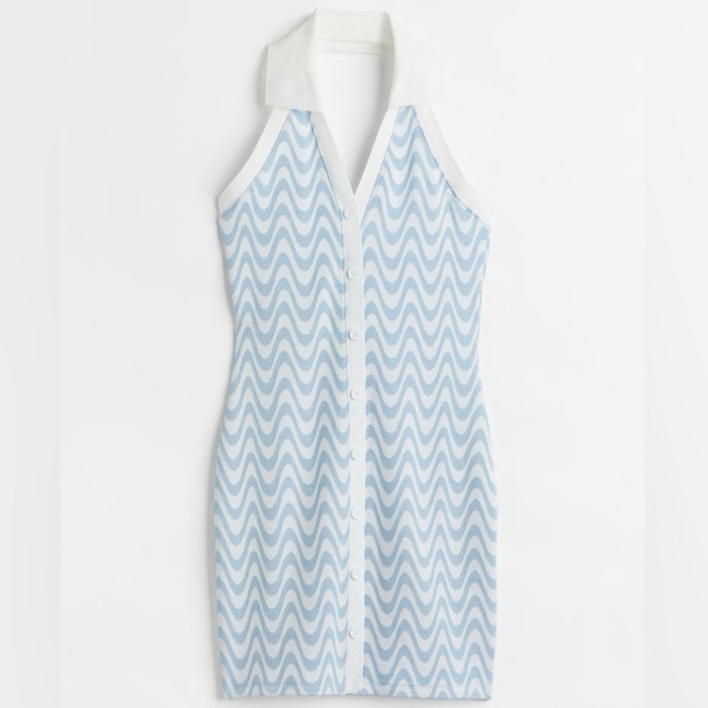 H&M white knitted halter mini dress with blue geometric pattern and collars XS